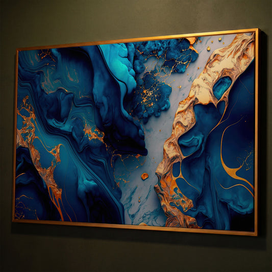 Blue and Gold Marble Canvas Print shown in antique gold floating frame