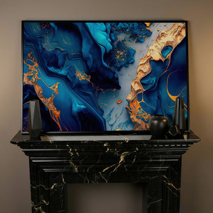 Blue and Gold Marble Canvas Print in black floating frame
