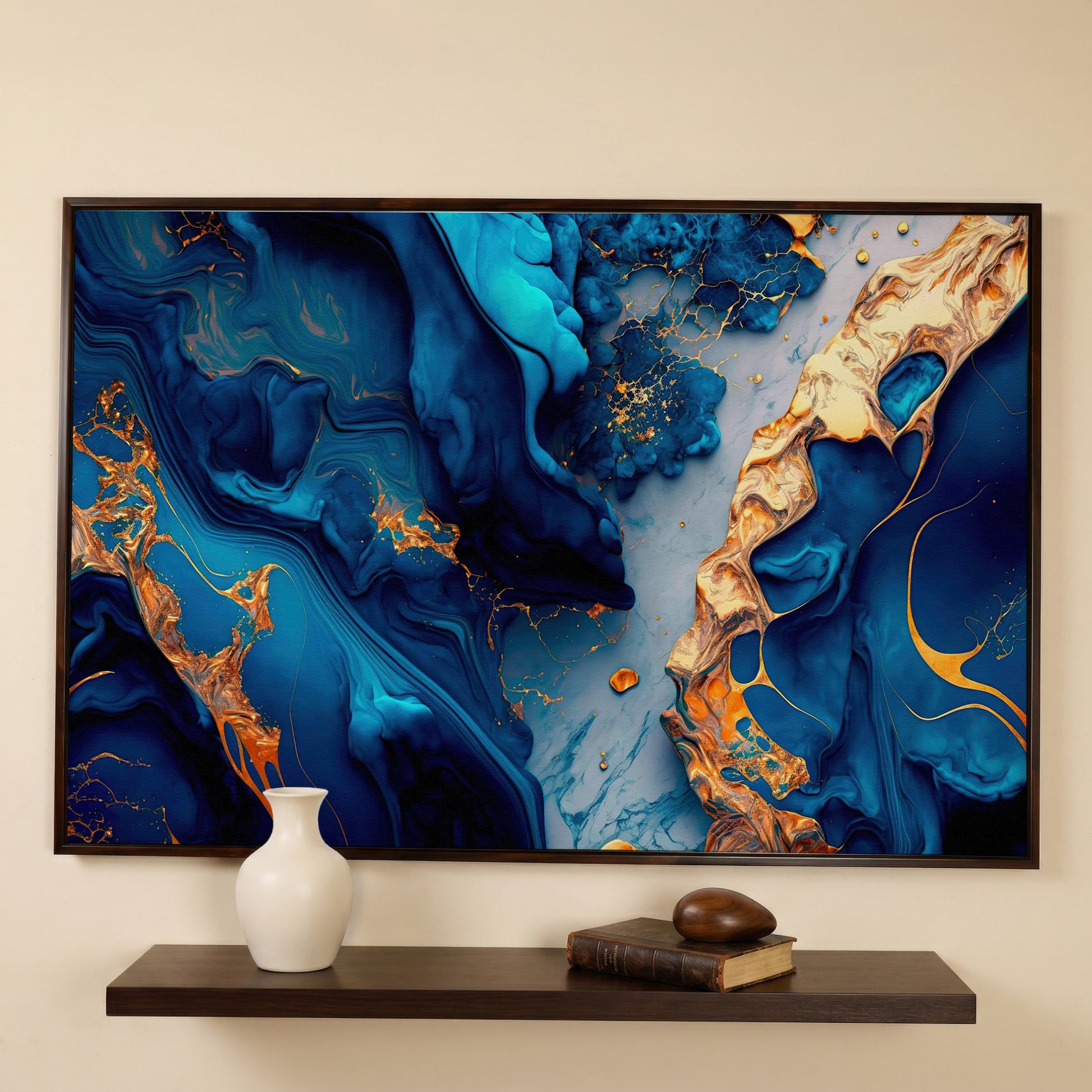 Blue and Gold Marble Canvas Print in dark walnut floating frame