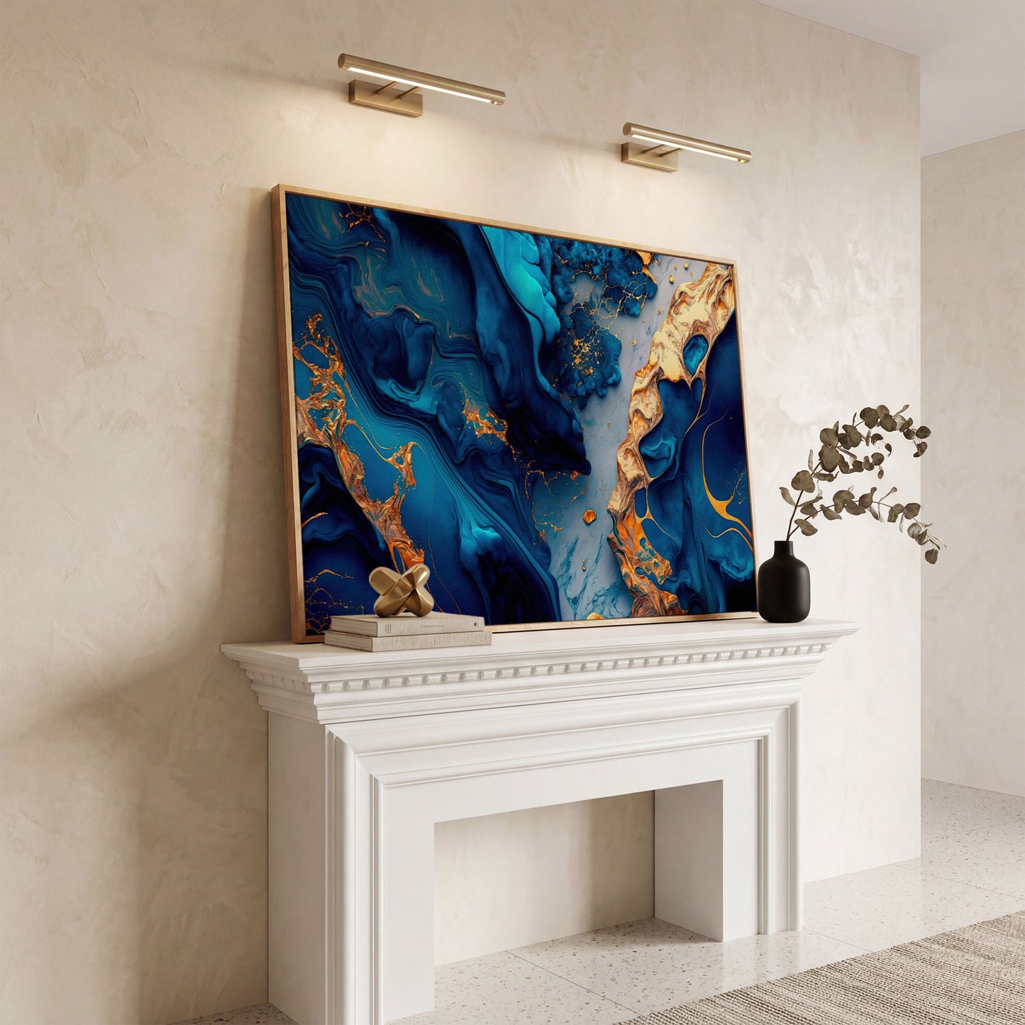 Blue and Gold Marble Canvas Print in white oak floating frame