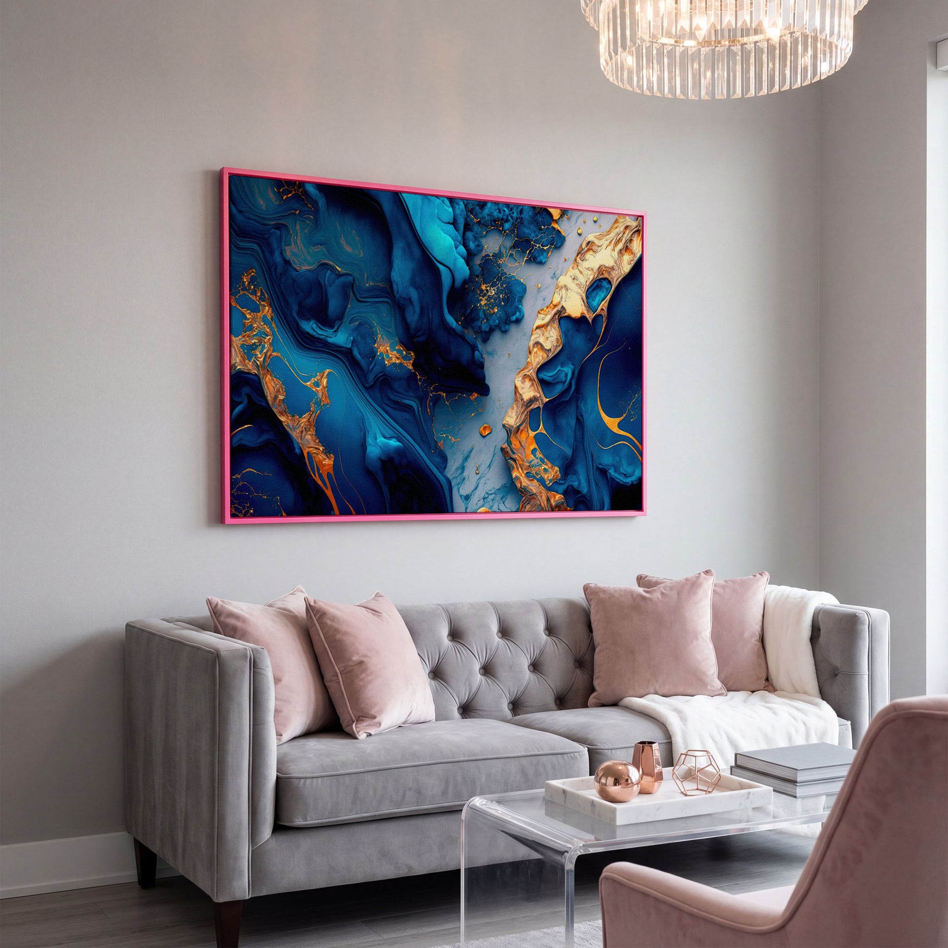Blue and Gold Marble Canvas Print in pink floating frame