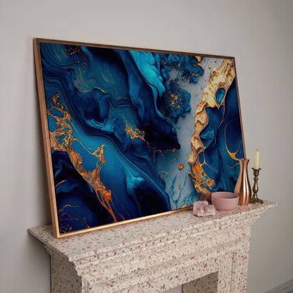 Blue and Gold Marble Canvas Print in rose gold floating frame