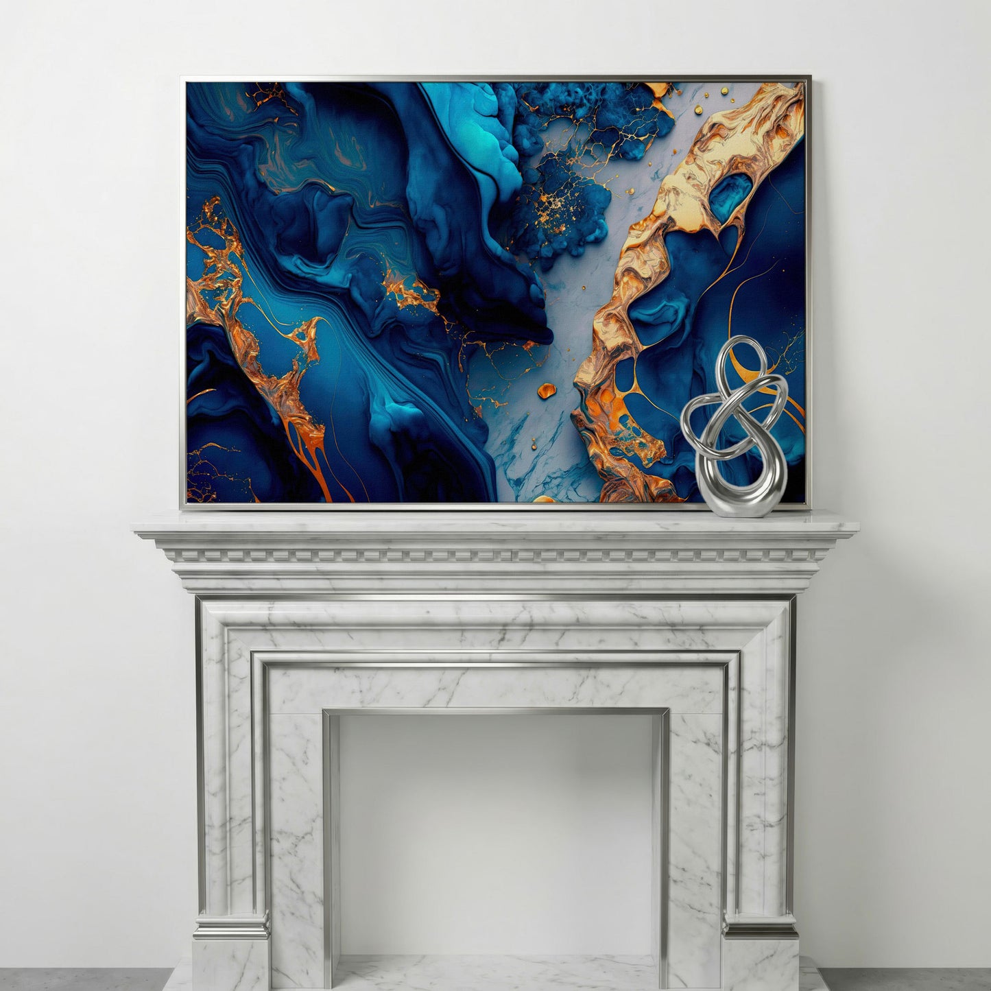 Blue and Gold Marble Canvas Print in silver floating frame