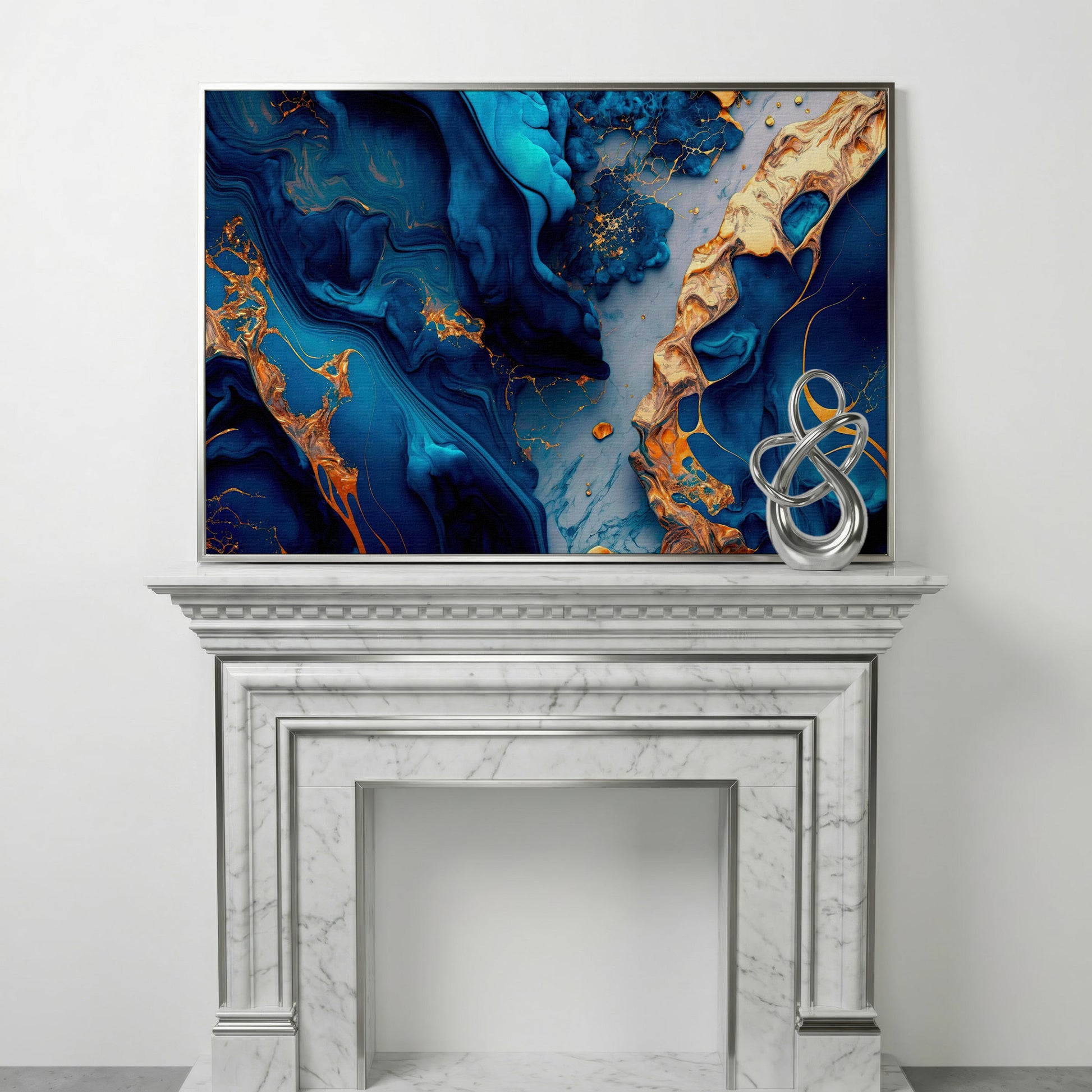 Blue and Gold Marble Canvas Print in silver floating frame