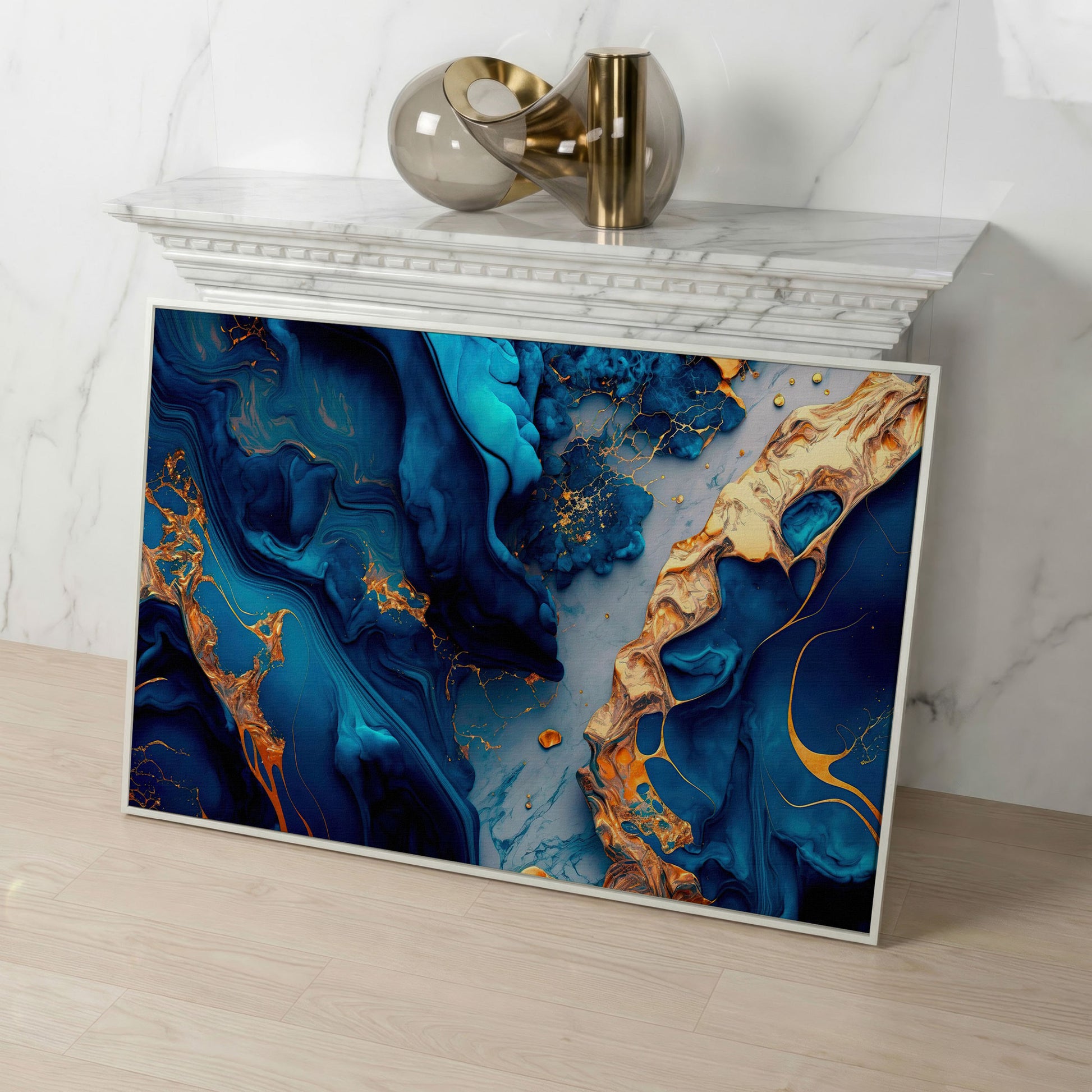 Blue and Gold Marble Canvas Print in white floating frame