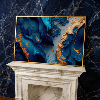 Blue and Gold Marble Canvas Print in yellow gold floating frame