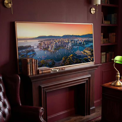 Vancouver Skyline at Sunset Canvas in antique gold floating frame