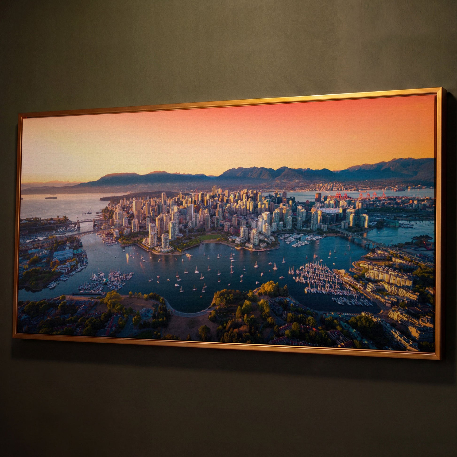 Vancouver Skyline at Sunset Canvas shown in antique gold floating frame