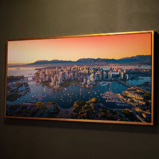 Vancouver Skyline at Sunset Canvas shown in antique gold floating frame