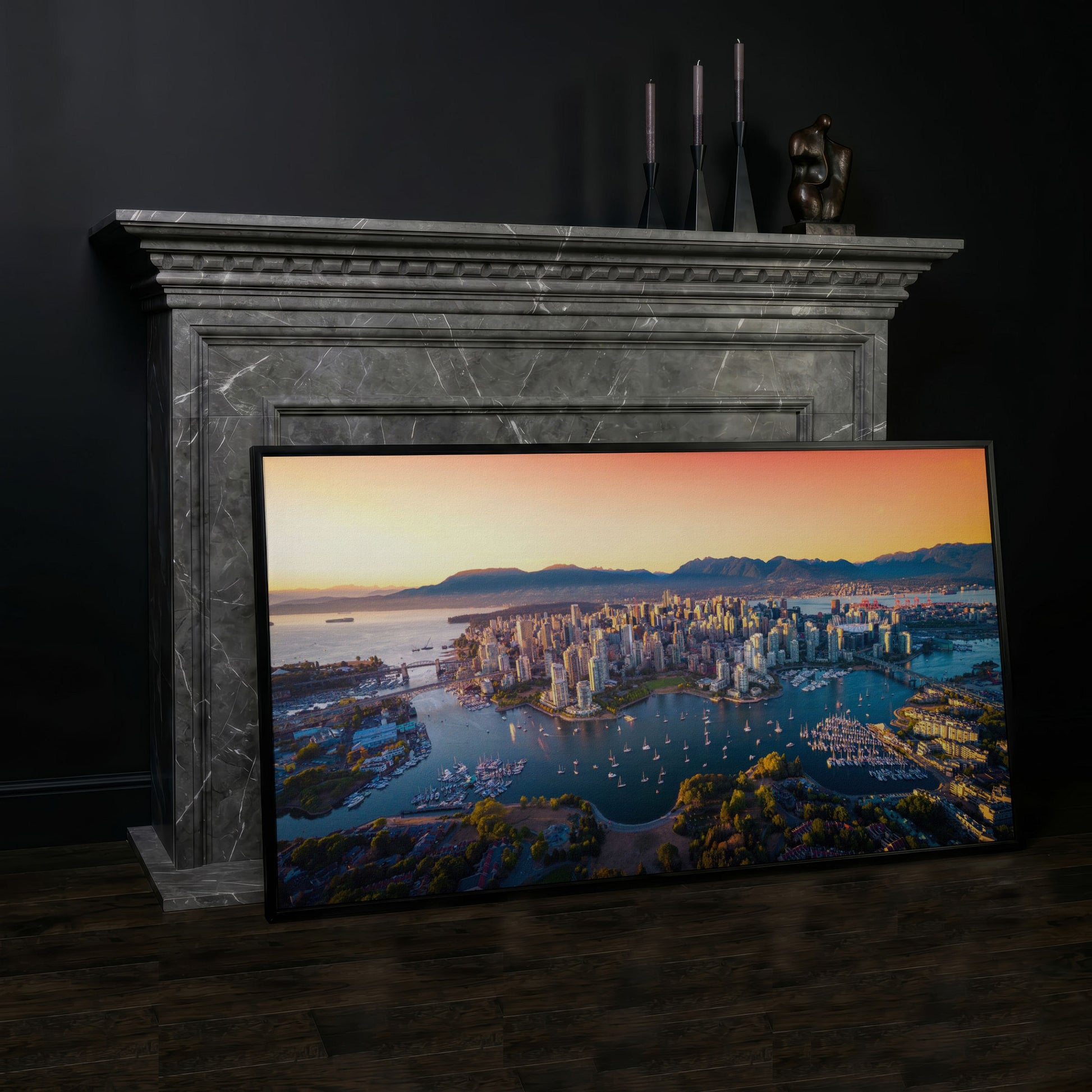 Vancouver Skyline at Sunset Canvas in black floating frame