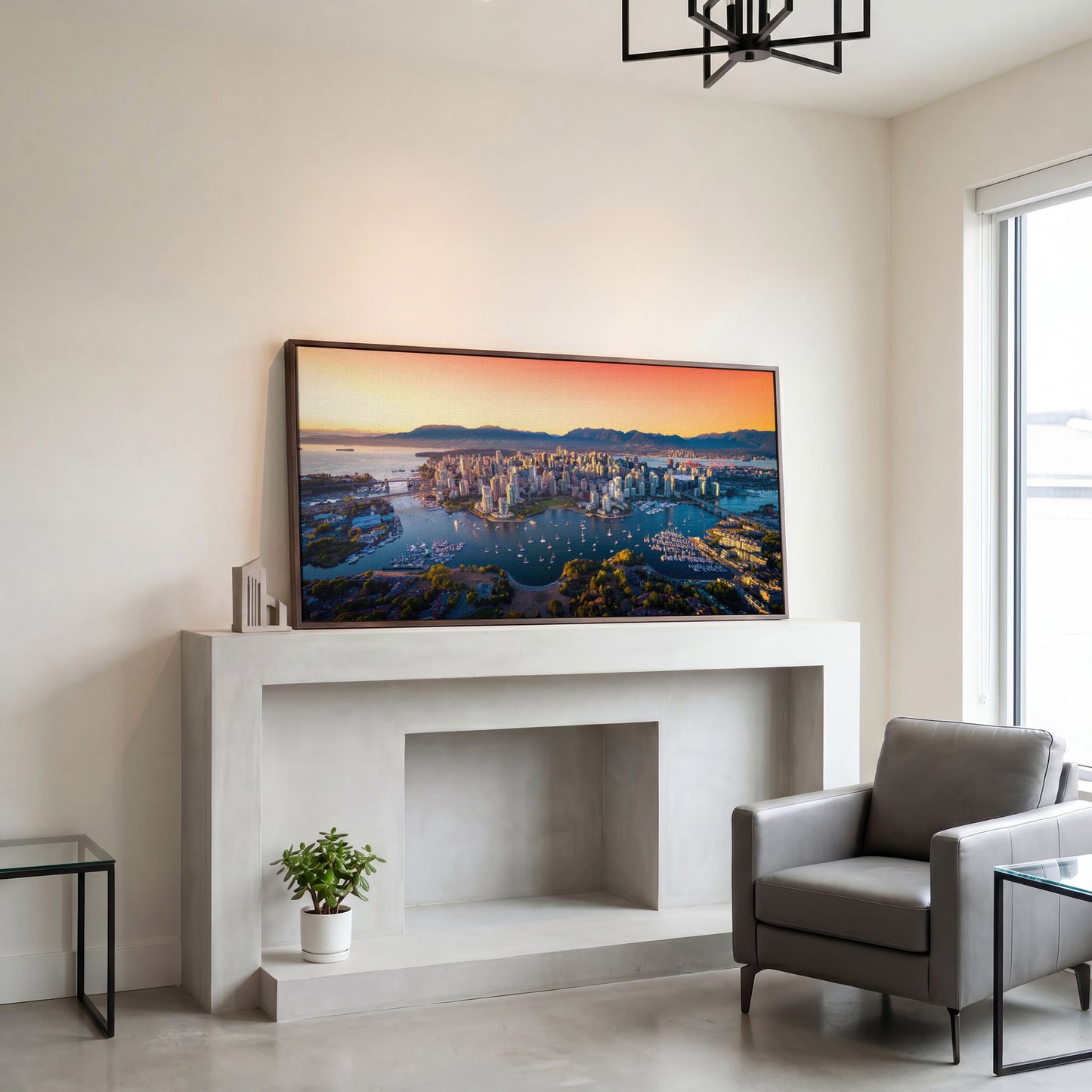 Vancouver Skyline at Sunset Canvas in dark walnut floating frame
