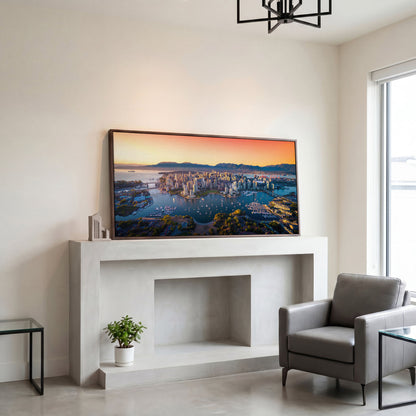 Vancouver Skyline at Sunset Canvas in dark walnut floating frame