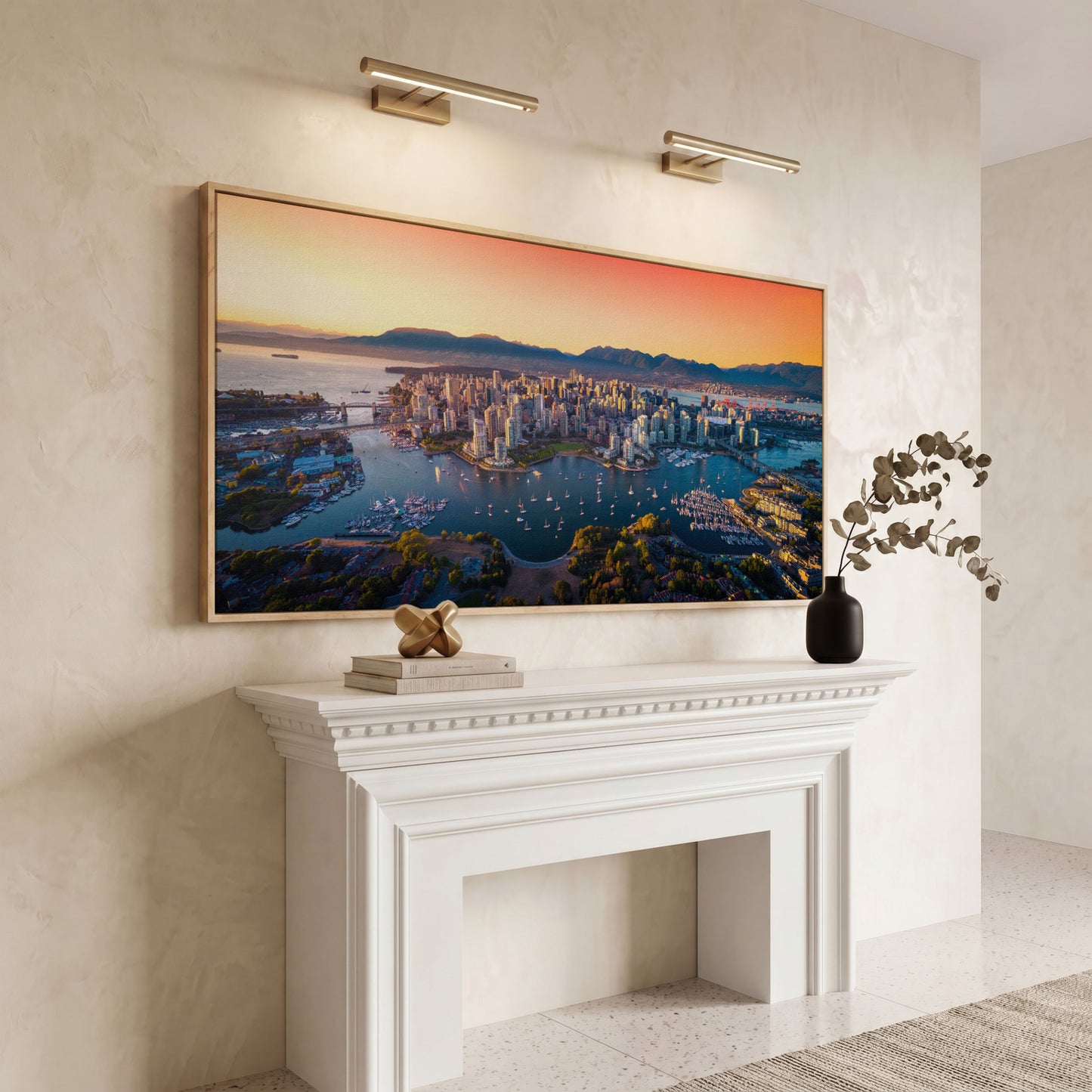 Vancouver Skyline at Sunset Canvas in white oak floating frame