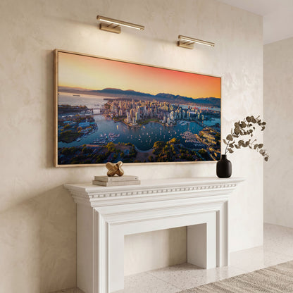 Vancouver Skyline at Sunset Canvas in white oak floating frame