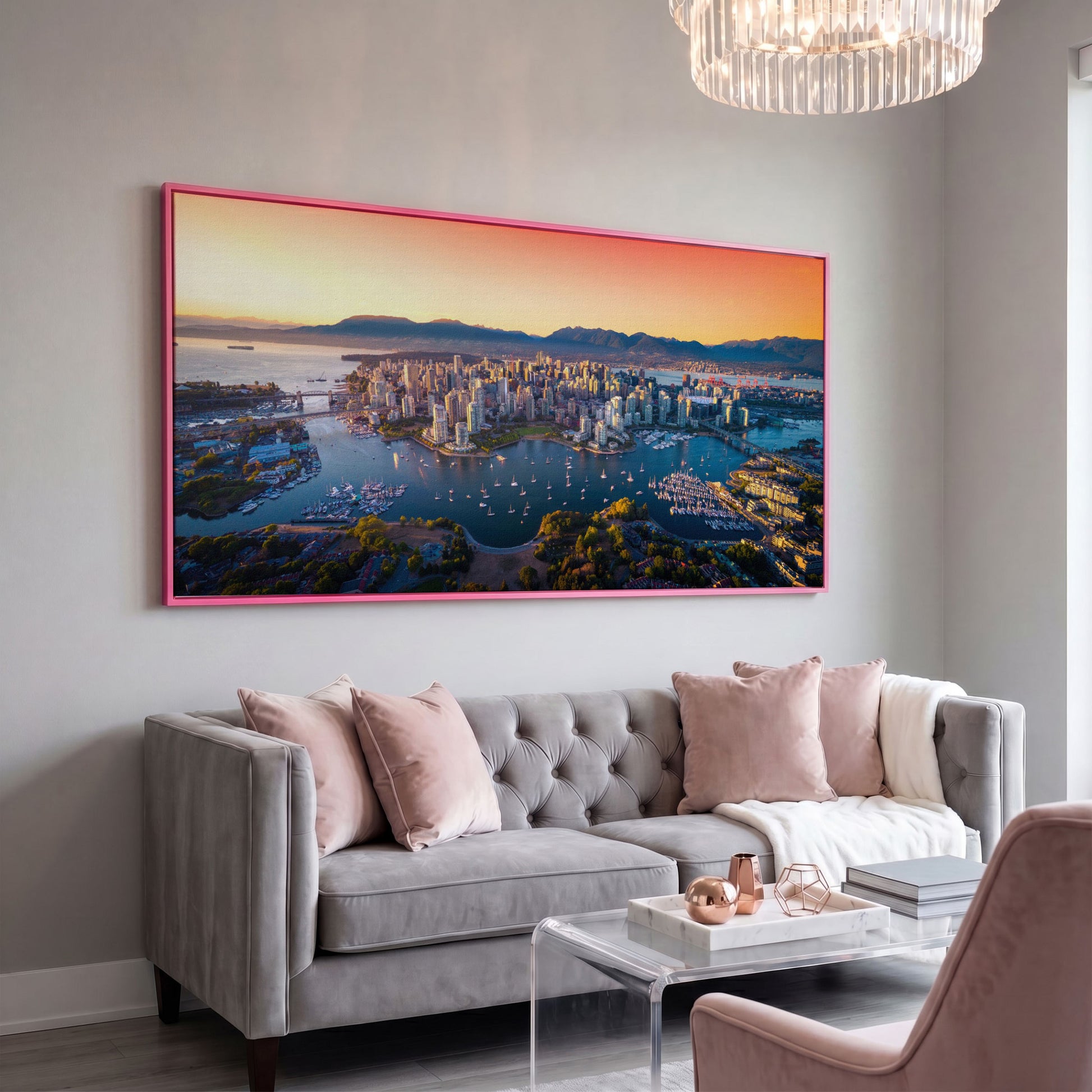 Vancouver Skyline at Sunset Canvas in pink floating frame