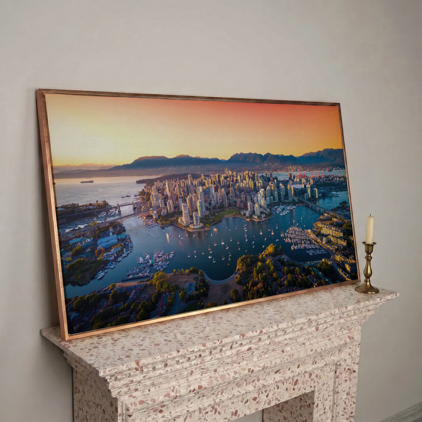 Vancouver Skyline at Sunset Canvas in rose gold floating frame