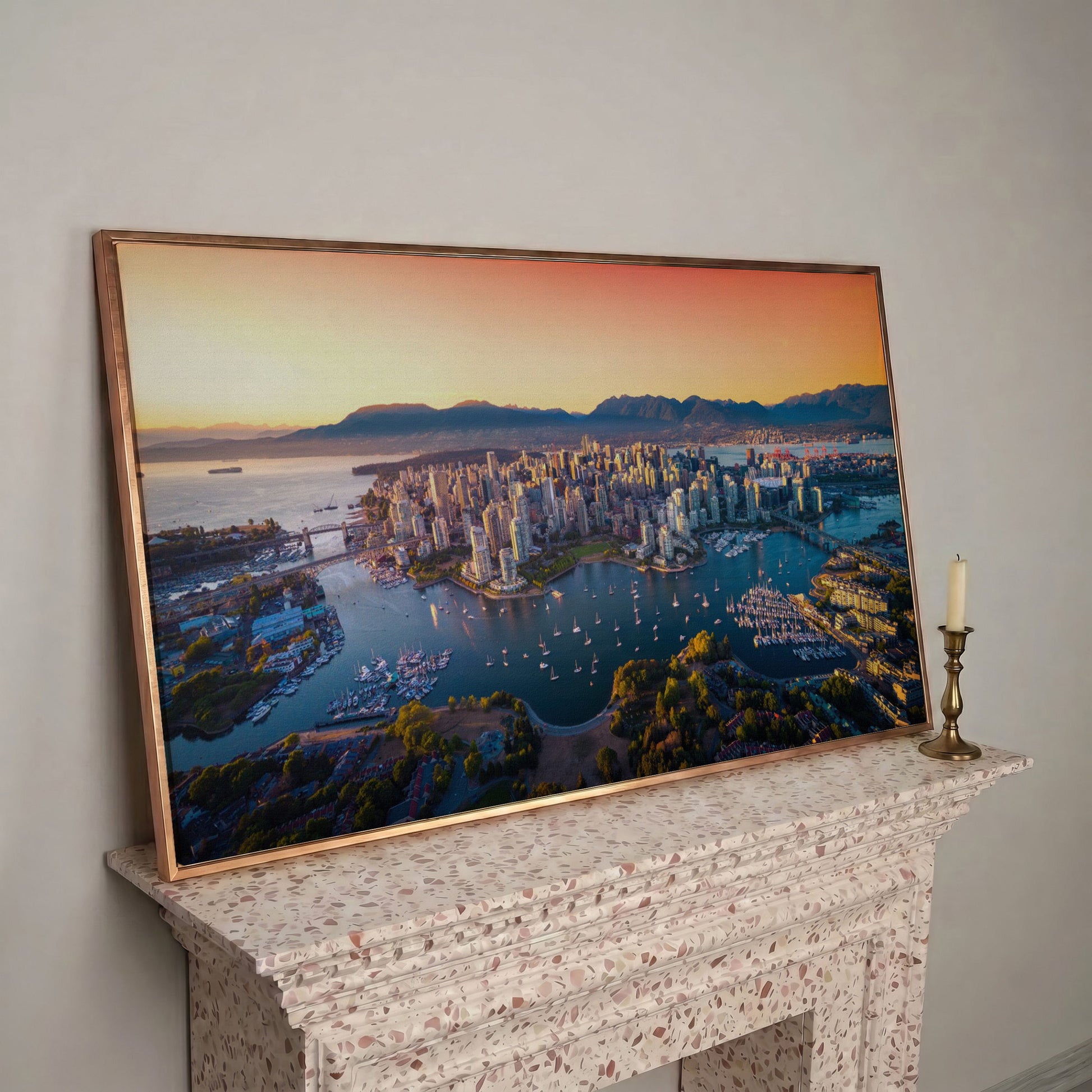 Vancouver Skyline at Sunset Canvas in rose gold floating frame