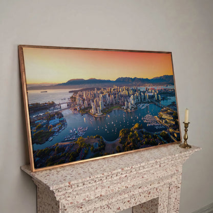 Vancouver Skyline at Sunset Canvas in rose gold floating frame