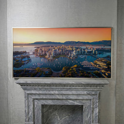 Vancouver Skyline at Sunset Canvas in silver floating frame