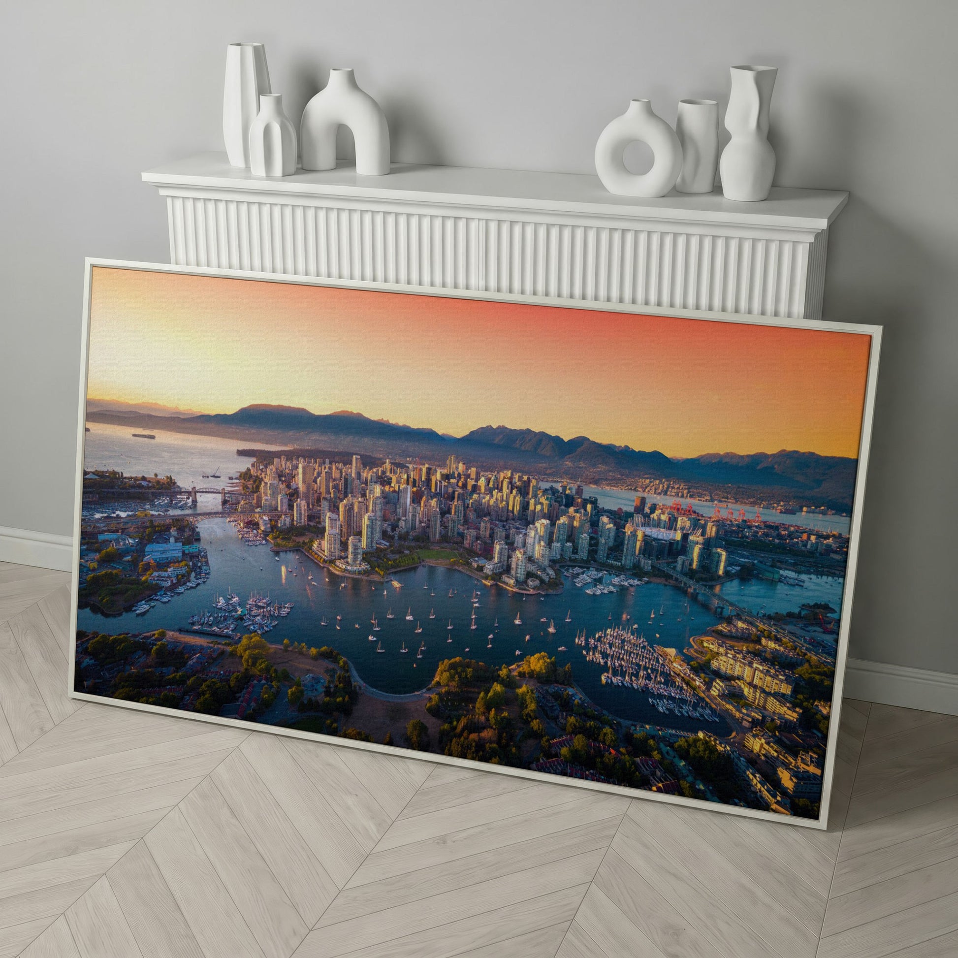 Vancouver Skyline at Sunset Canvas in white floating frame