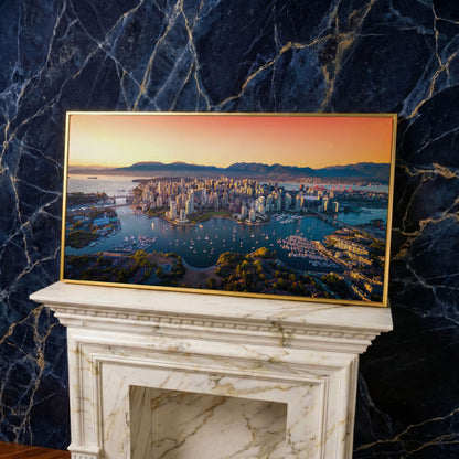 Vancouver Skyline at Sunset Canvas in yellow gold floating frame