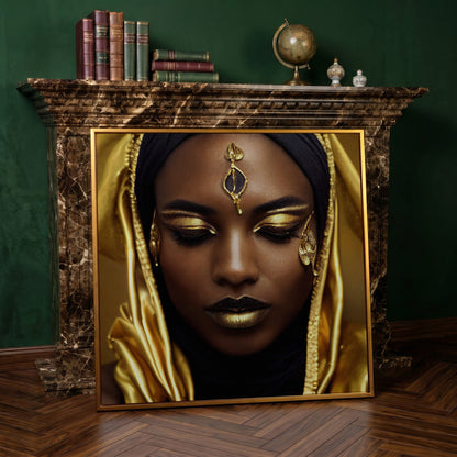 Elegant African American Woman with Gold Accents Canvas in antique gold floating frame