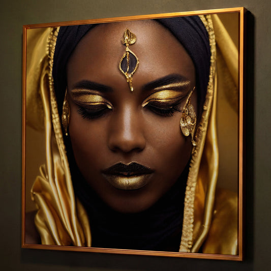 Elegant African American Woman with Gold Accents Canvas shown in antique gold floating frame