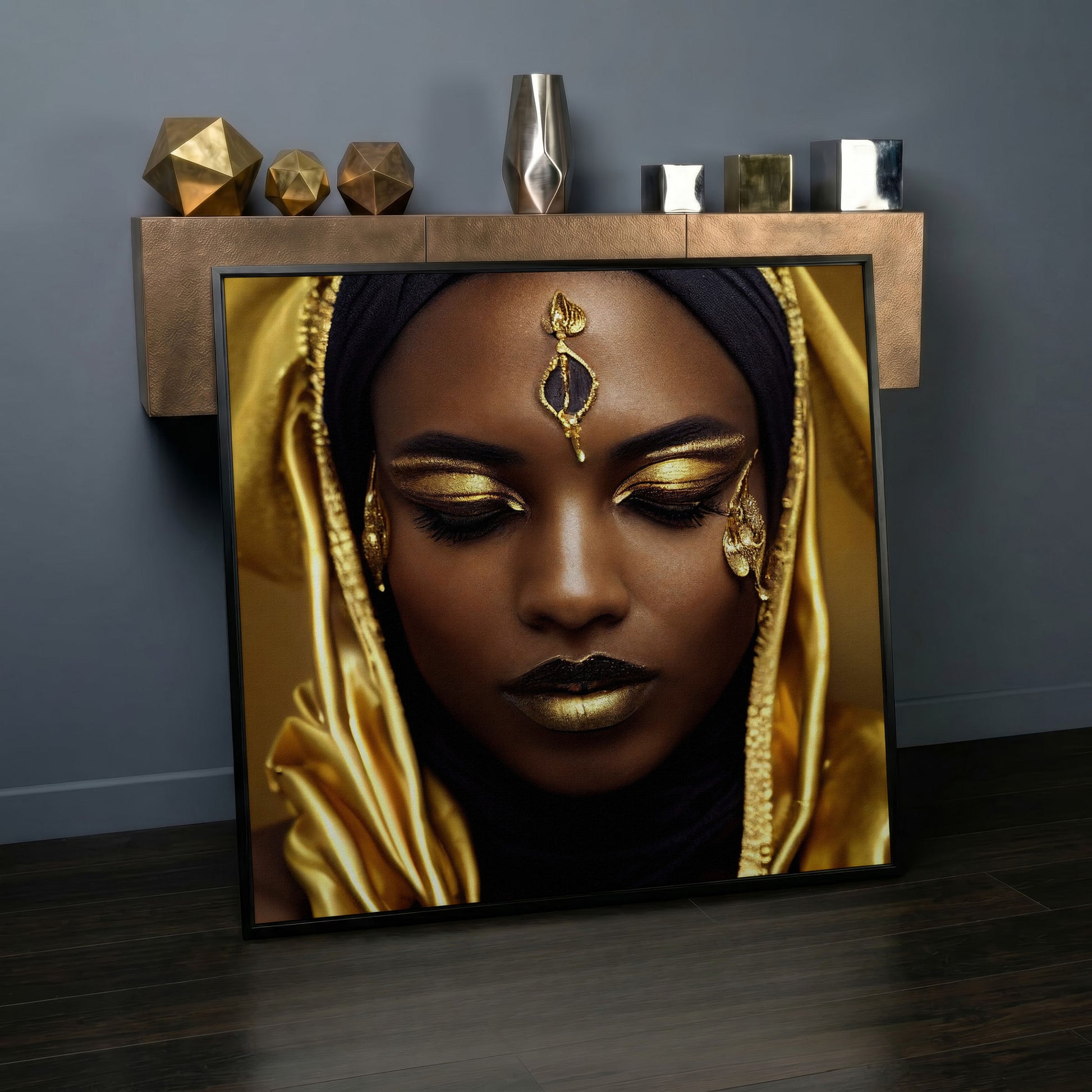 Elegant African American Woman with Gold Accents Canvas in black floating frame