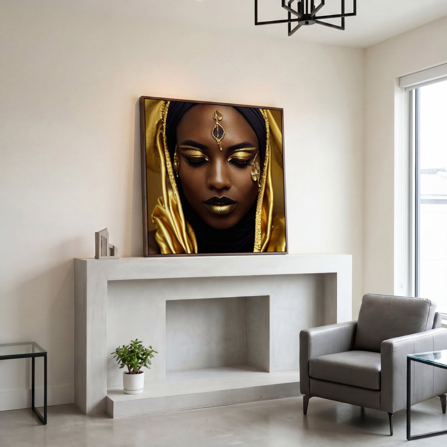 Elegant African American Woman with Gold Accents Canvas in dark walnut floating frame