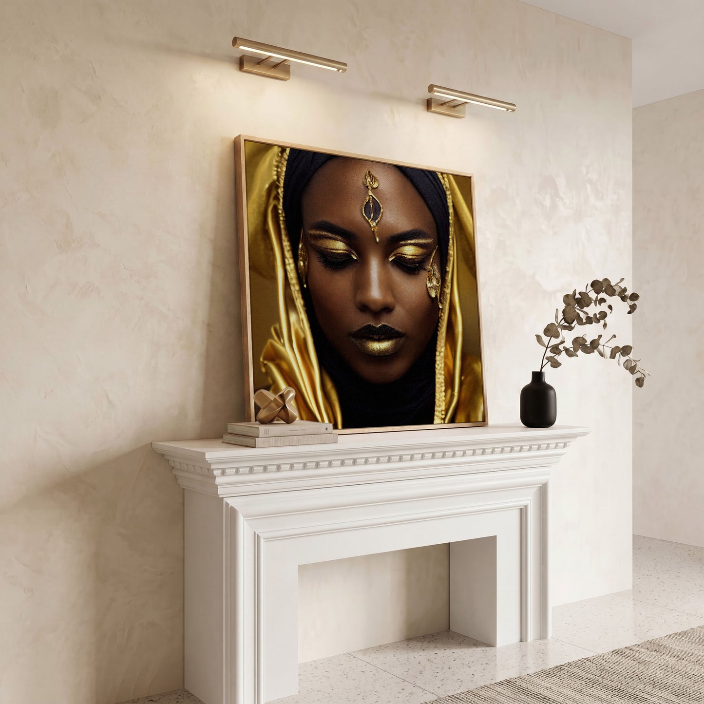 Elegant African American Woman with Gold Accents Canvas in white oak floating frame