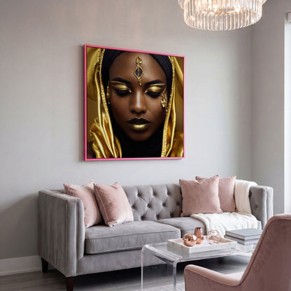 Elegant African American Woman with Gold Accents Canvas in pink floating frame