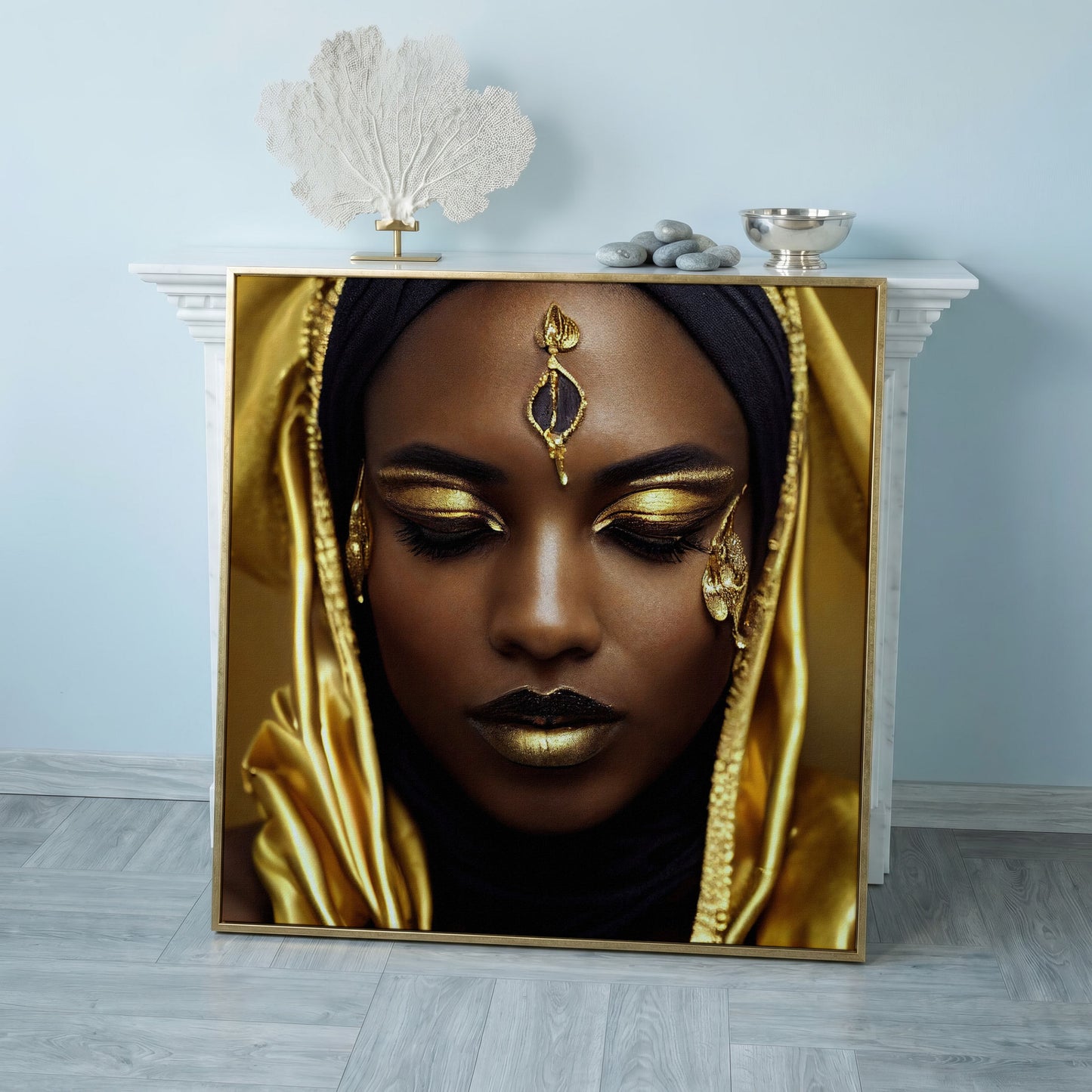 Elegant African American Woman with Gold Accents Canvas in rose gold floating frame