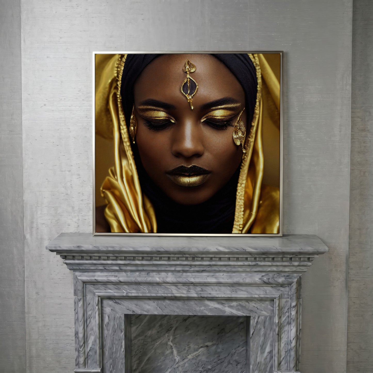 Elegant African American Woman with Gold Accents Canvas in silver floating frame