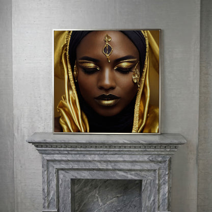 Elegant African American Woman with Gold Accents Canvas in silver floating frame