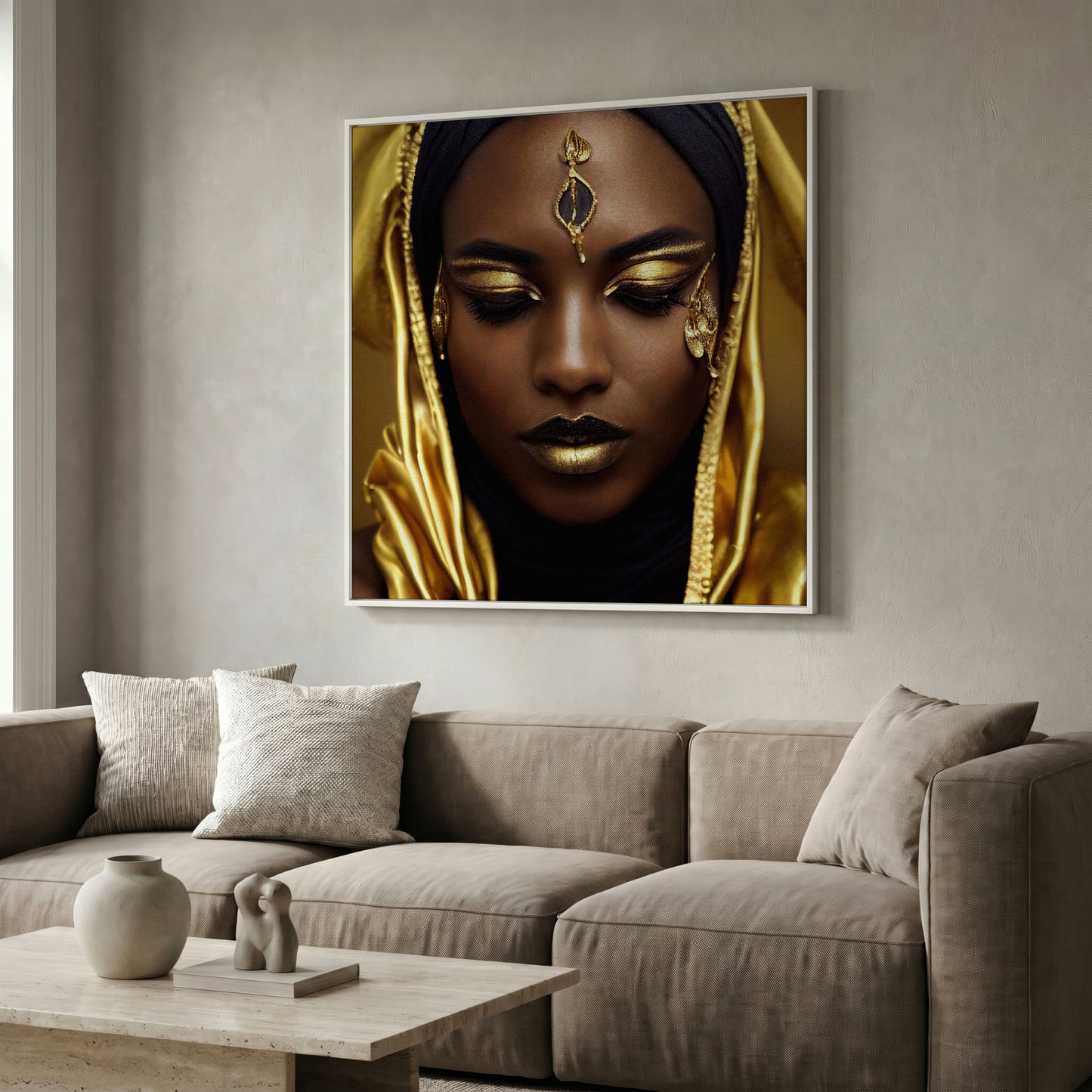 Elegant African American Woman with Gold Accents Canvas in white floating frame
