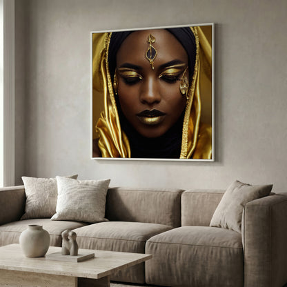 Elegant African American Woman with Gold Accents Canvas in white floating frame