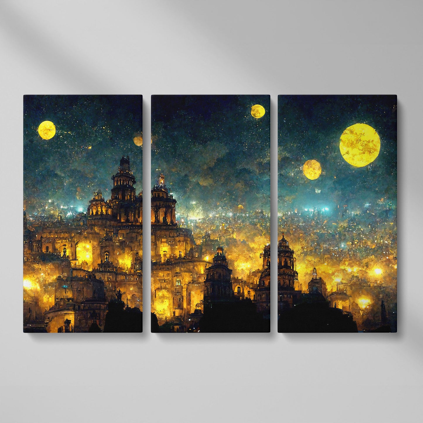 Mexico City at Night in Van Gogh's Starry Style canvas as 3-panel split version