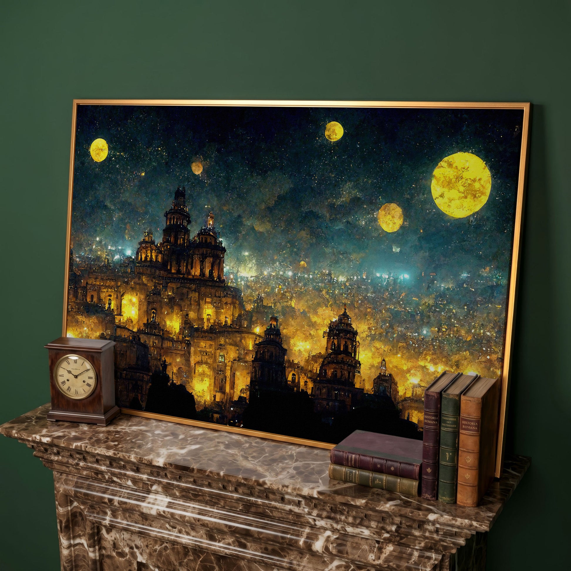 Mexico City at Night in Van Gogh's Starry Style canvas in antique gold floating frame
