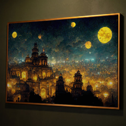 Mexico City at Night in Van Gogh's Starry Style canvas shown in antique gold floating frame