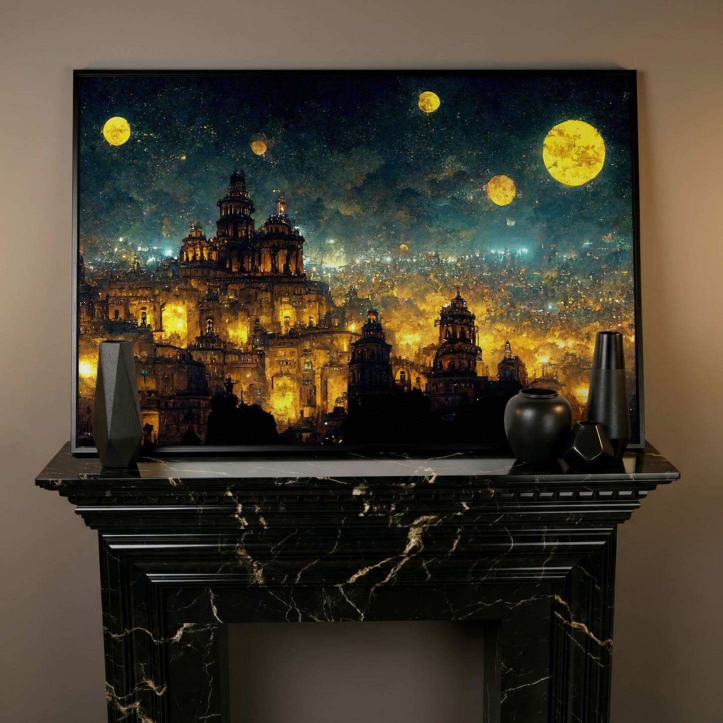 Mexico City at Night in Van Gogh's Starry Style canvas in black floating frame