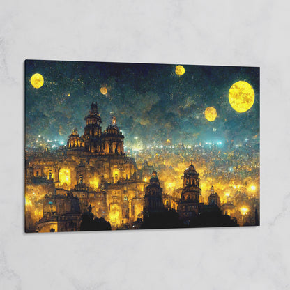 Mexico City at Night in Van Gogh's Starry Style on gallery wrap canvas