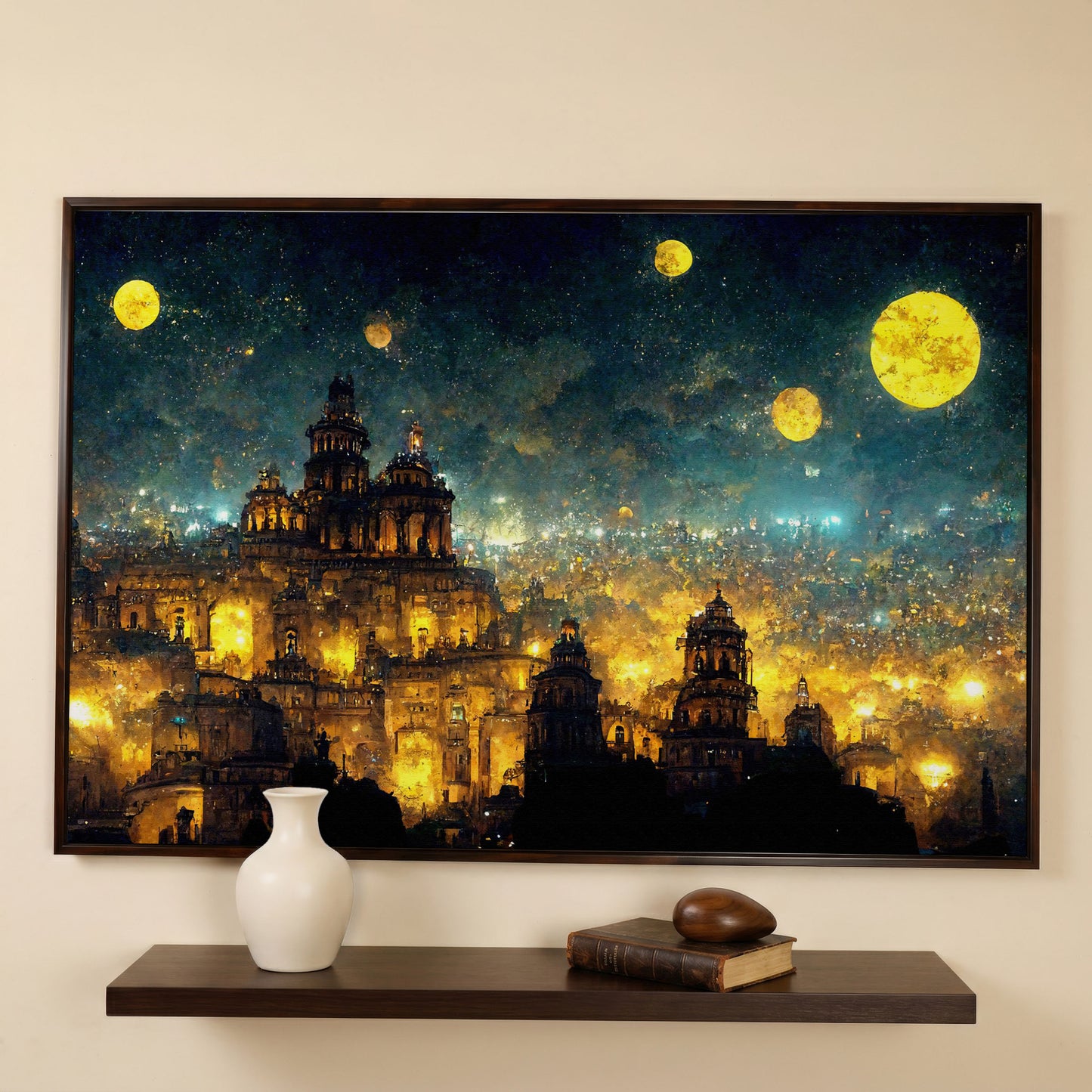Mexico City at Night in Van Gogh's Starry Style canvas in dark walnut floating frame