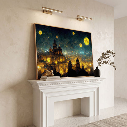 Mexico City at Night in Van Gogh's Starry Style canvas in white oak floating frame