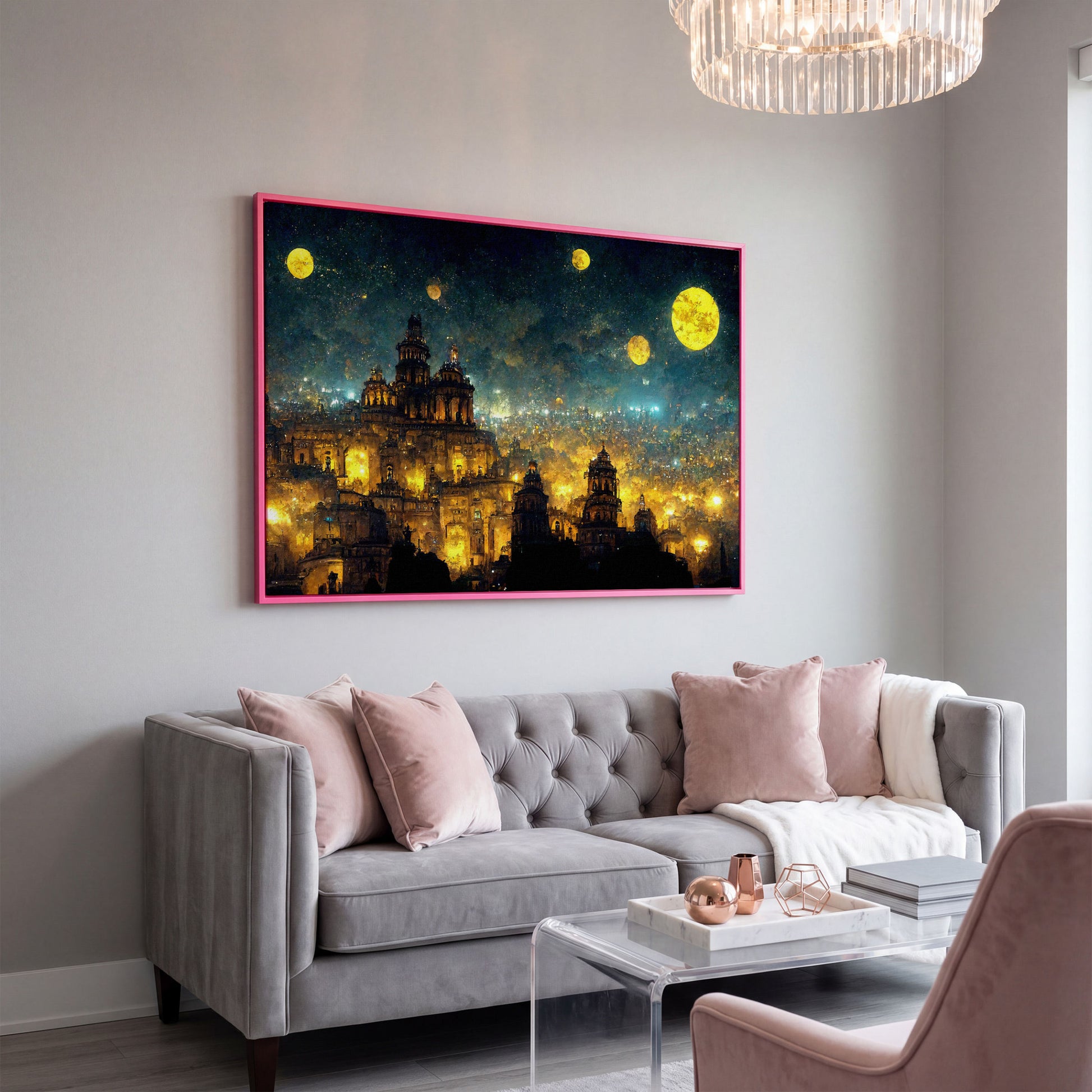 Mexico City at Night in Van Gogh's Starry Style canvas in pink floating frame
