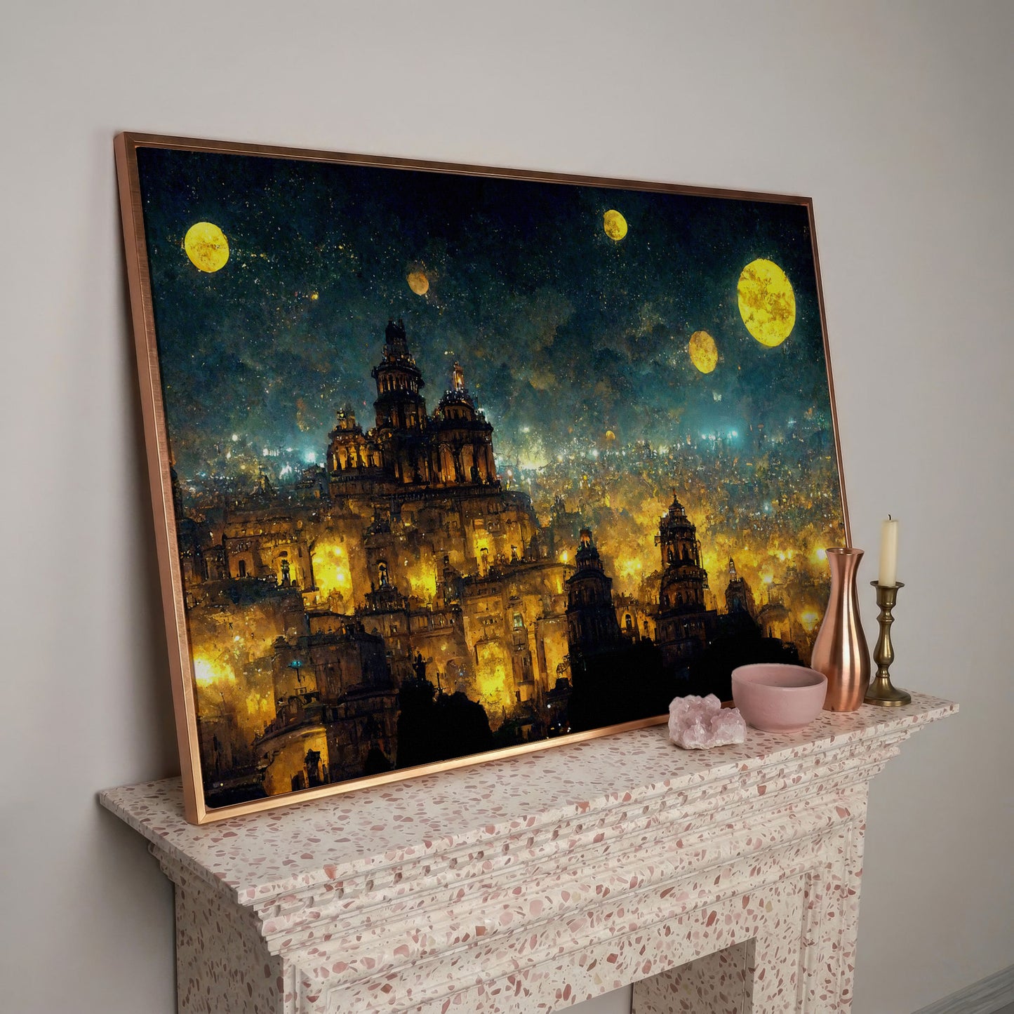 Mexico City at Night in Van Gogh's Starry Style canvas in rose gold floating frame