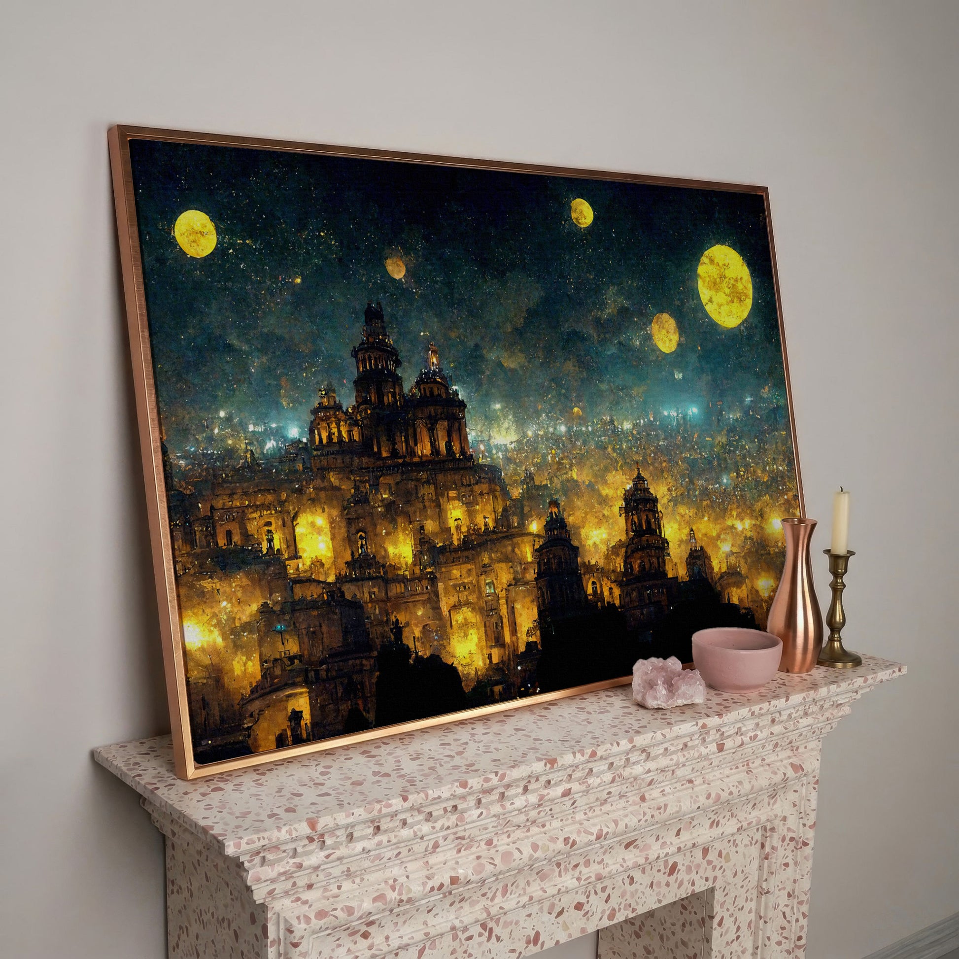 Mexico City at Night in Van Gogh's Starry Style canvas in rose gold floating frame