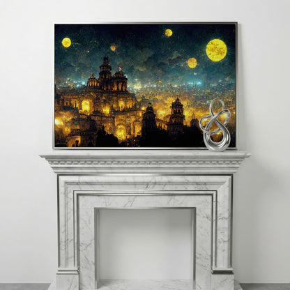 Mexico City at Night in Van Gogh's Starry Style canvas in silver floating frame