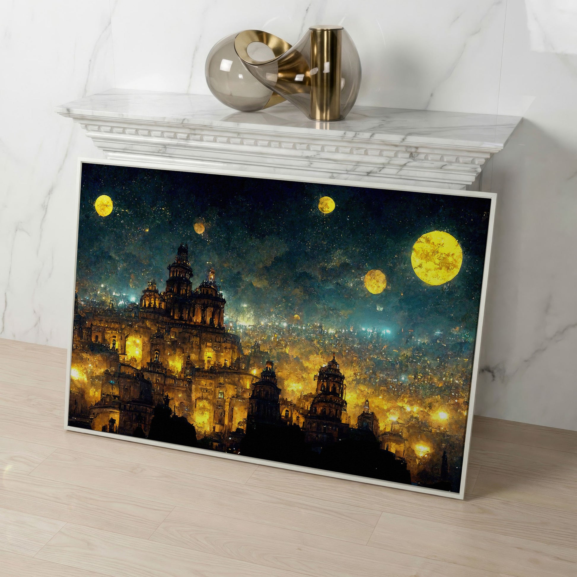 Mexico City at Night in Van Gogh's Starry Style canvas in white floating frame