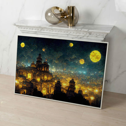 Mexico City at Night in Van Gogh's Starry Style canvas in white floating frame