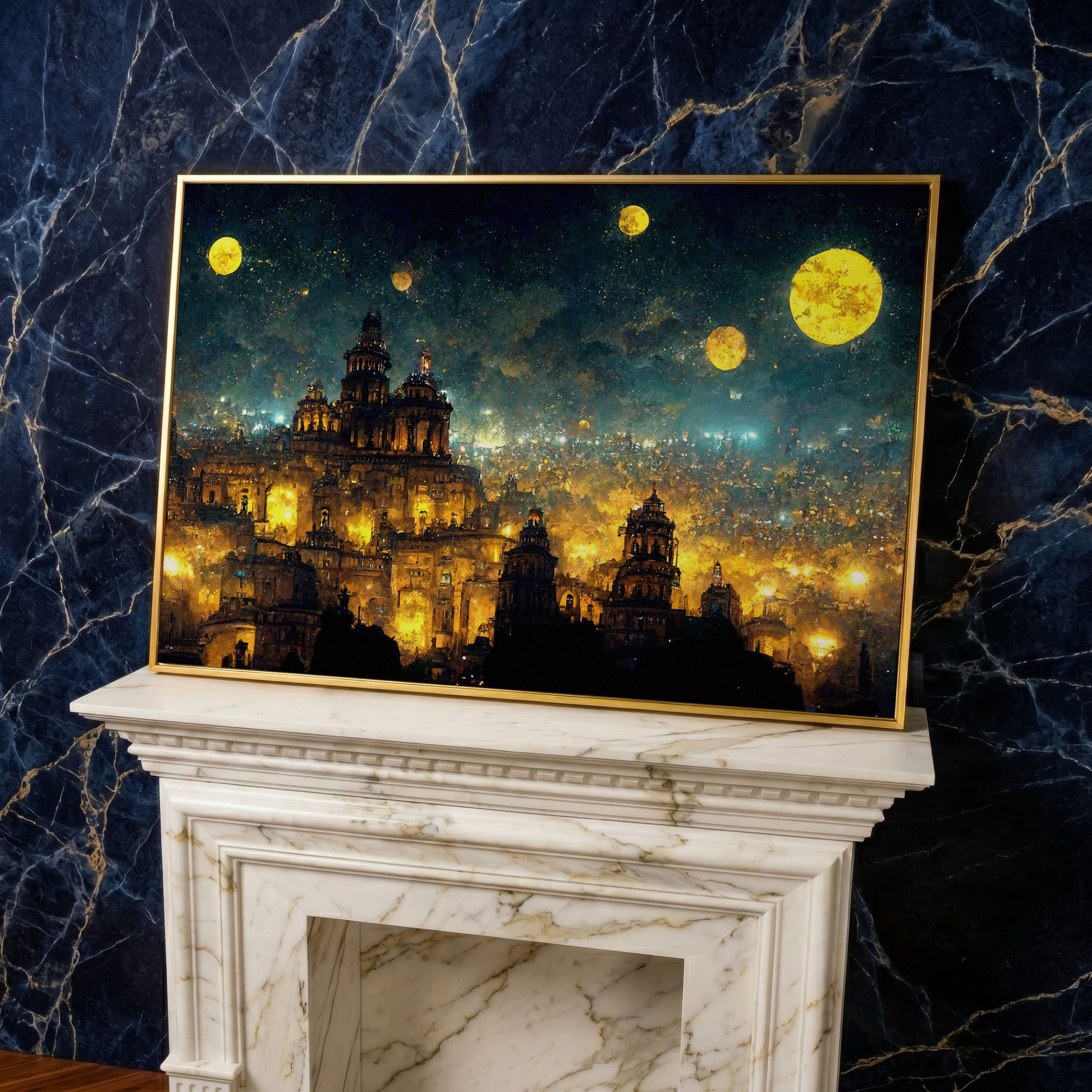 Mexico City at Night in Van Gogh's Starry Style canvas in yellow gold floating frame